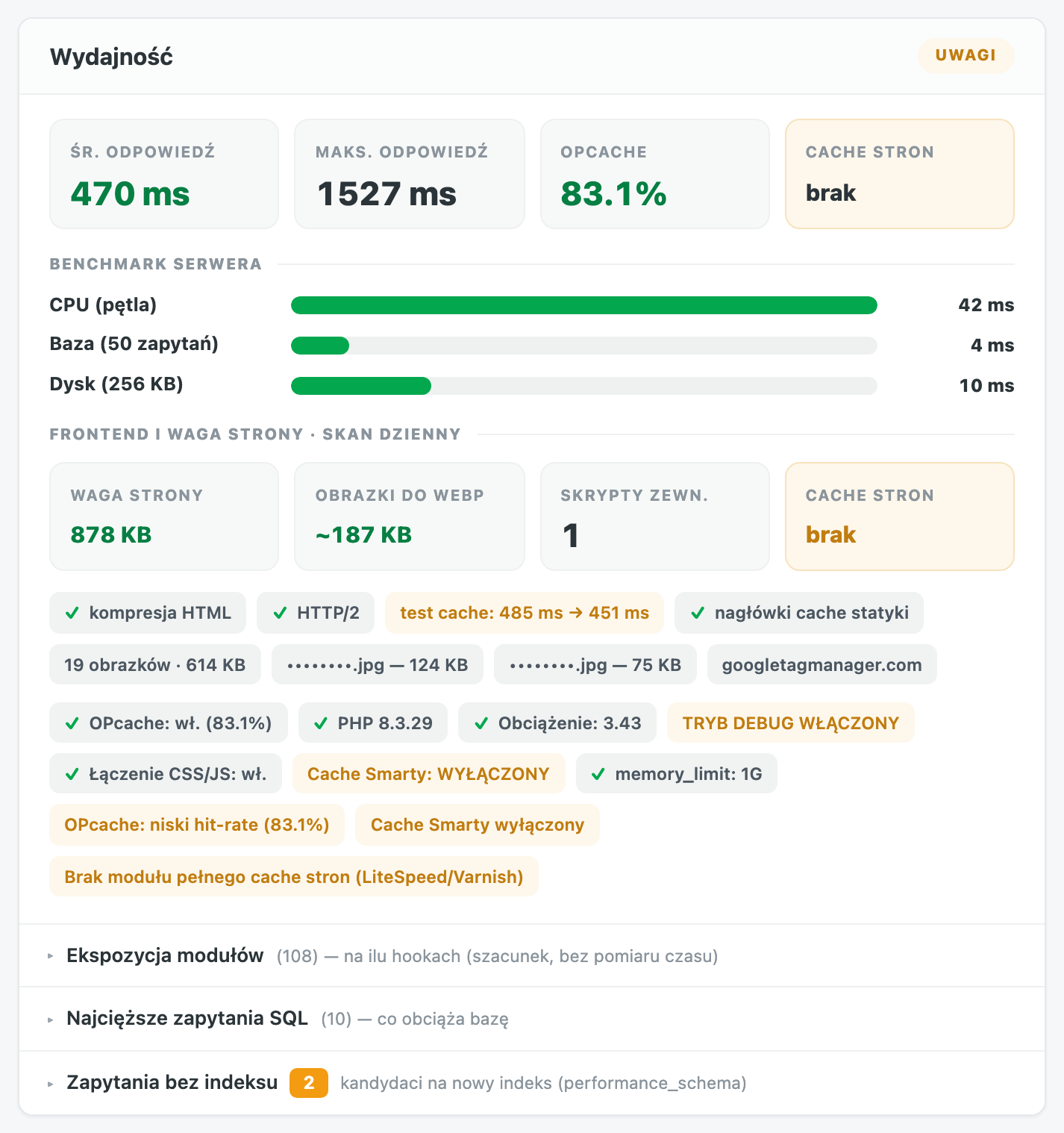 Zone performances : benchmark du serveur, poids de la page et avertissements de configuration