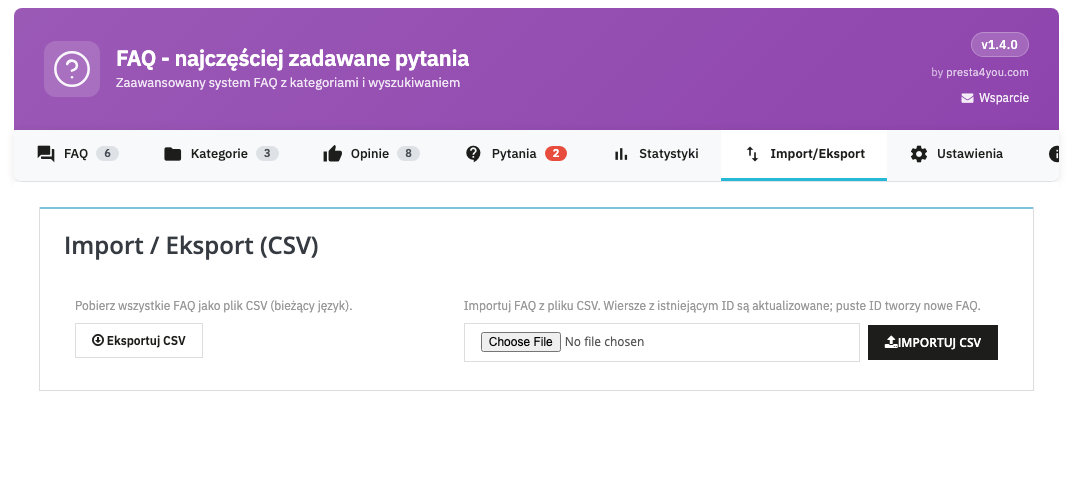 Import / Export tab (CSV)