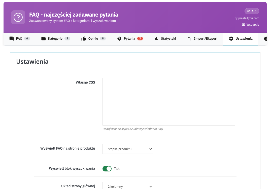 Configuration panel — Settings