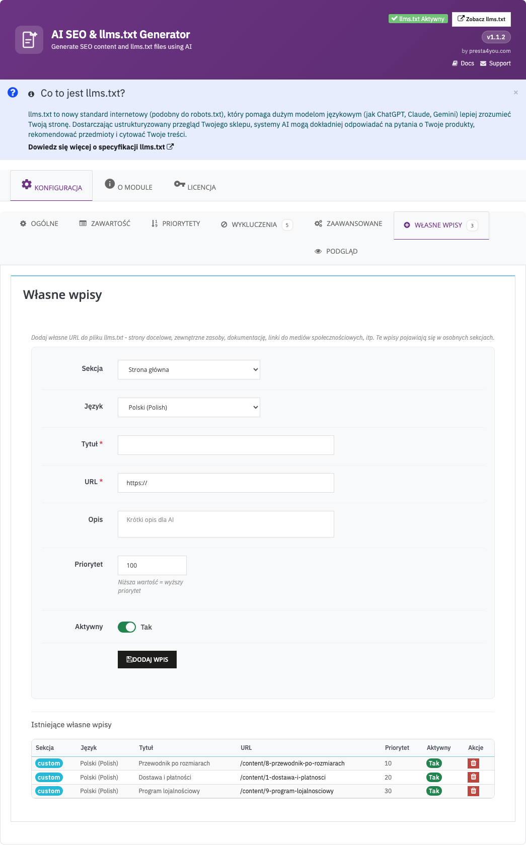 Custom entries